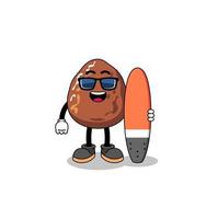 mascotte cartoon van dadelfruit als surfer vector