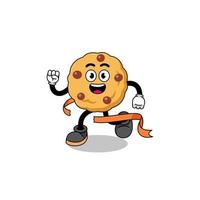 mascotte cartoon van chocolate chip cookie die op de finishlijn loopt vector