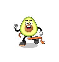 mascotte cartoon van avocado die op de finishlijn loopt vector