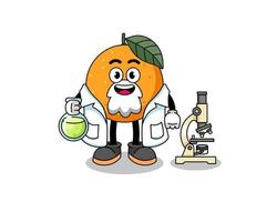 mascotte van oranje fruit als wetenschapper vector