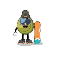 mascotte cartoon van durian fruit snowboard speler