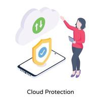 een isometrisch icoon van cloudbescherming, veilige overdracht van cloudgegevens