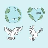 vliegende duif met een tak. duif van de wereld en planeet aarde. handgetekende lijnschets. vogel symbool van hoop, embleem tegen geweld en militaire conflicten vector