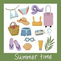 zomer kleding set. strand accessoires. vectoritems en dingen voor vakantie en reizen, modieuze outfits en sets plannen vector