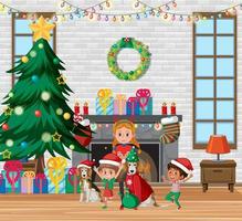 kerstthema met kinderen en cadeautjes vector