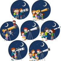 set van verschillende kinderen die 's nachts door een telescoop kijken vector