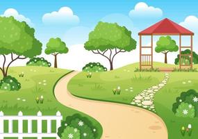 prachtige tuin cartoon achtergrond afbeelding met een landschap aard van plant, bloemen, boom en groen gras in platte ontwerpstijl vector