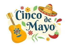 cinco de mayo Mexicaanse vakantie viering cartoon stijl illustratie met cactus, gitaar, sombrero en tequila drinken voor poster of wenskaart vector