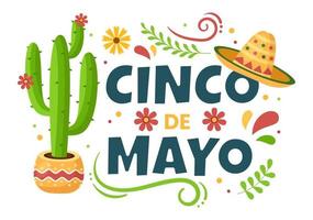 cinco de mayo Mexicaanse vakantie viering cartoon stijl illustratie met cactus, gitaar, sombrero en tequila drinken voor poster of wenskaart vector