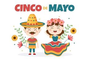 cinco de mayo Mexicaanse vakantie viering cartoon stijl illustratie met cactus, gitaar, sombrero en tequila drinken voor poster of wenskaart vector