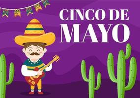 cinco de mayo Mexicaanse vakantie viering cartoon stijl illustratie met cactus, gitaar, sombrero en tequila drinken voor poster of wenskaart vector