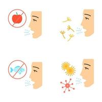 allergieën platte ontwerp lange schaduw kleur iconen set. voedsel, pollen, intolerantie voor bacteriën. allergeen bronnen. allergische ziekten. medisch probleem. oorzaak van zwelling. vector silhouet illustraties