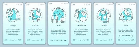 menselijke staten onboarding mobiele app pagina scherm vector sjabloon. triomf, verveling, twijfel, nostalgie, opluchting. walkthrough website stap met lineaire illustraties. ux, ui, gui smartphone-interfaceconcept