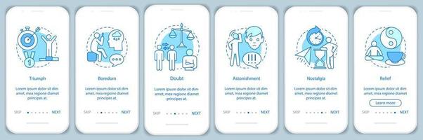 menselijke staten onboarding mobiele app pagina scherm vector sjabloon. triomf, verveling, twijfel, nostalgie, opluchting. walkthrough website stap met lineaire illustraties. ux, ui, gui smartphone-interfaceconcept