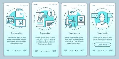 reizen onboarding mobiele app pagina scherm vector sjabloon. reisbureau en gids. reis plannen. walkthrough website stappen met lineaire illustraties. ux, ui, gui smartphone-interfaceconcept