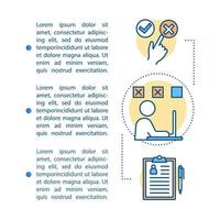 emoties controle artikel pagina vector sjabloon. testen, keuze, cv, zoeken op afstand, fouten maken, voelen. brochure ontwerpelement met lineaire pictogrammen, tekst. concept illustraties, tekstruimte