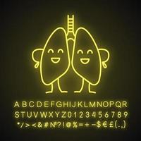 gelukkig menselijke longen karakter neon licht icoon. gezondheid van de luchtwegen. gezond longstelsel. gloeiend bord met alfabet, cijfers en symbolen. vector geïsoleerde illustratie
