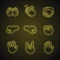 handgebaar emojis neonlicht pictogrammen instellen. bedelen, applaus, handdruk, linker en rechter vuisten, rock on, vulcan salute gebaren. schudden, handen klappen. gloeiende borden. geïsoleerde vectorillustraties vector
