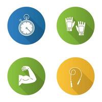 fitness platte ontwerp lange schaduw glyph pictogrammen instellen. sportuitrusting. springtouw, biceps spier, vingerloze gymhandschoenen, stopwatch. vector silhouet illustratie