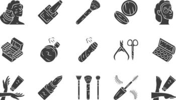 huidverzorgingsproducten, cosmetica glyph iconen set. vrouwelijke hygiëne, make-up accessoires. schoonheidssalon attributen silhouet symbolen. vector geïsoleerde illustratie. bodycrème, lippenstift, poederdoos, parfum