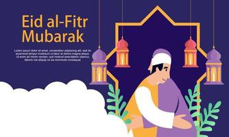 gelukkig eid mubarak, ramadan mubarak-groetconcept met illustratie van het mensenkarakter vector