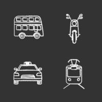 openbaar vervoer krijt pictogrammen instellen. soorten transport. dubbeldekker bus, scooter, taxi, tram. geïsoleerde vector schoolbord illustraties