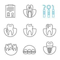 tandheelkunde lineaire pictogrammen instellen. medisch rapport, kiespijn, tandheelkundige instrumenten, gingivitis, gebroken tand, cariës, implantaat, beugel, scheve tanden. dunne lijn contour symbolen. geïsoleerde vectorillustraties vector