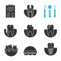 tandheelkunde glyph pictogrammen instellen. medisch rapport, kiespijn, tandheelkundige instrumenten, gingivitis, gebroken tand, cariës, implantaat, beugel, scheve tanden. silhouet symbolen. vector geïsoleerde illustratie