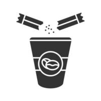 suiker toevoegen aan koffie glyph-pictogram. wegwerp koffiekopje en suikerzakje. silhouet symbool. negatieve ruimte. vector geïsoleerde illustratie