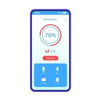 telefoonoptimalisatie, schonere interface-vectorsjabloon. mobiele optimalisatie app pagina blauwe ontwerplay-out. booster-toepassingsscherm. platte ui. batterijversterking, opties voor het verwijderen van prullenbak op smartphonedisplay vector