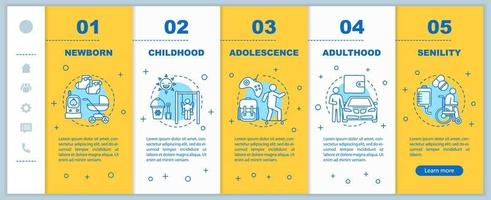 menselijke levenscyclus onboarding mobiele webpagina's vector sjabloon. responsief smartphone-website-interface-idee met lineaire illustraties. volwassenheid, seniliteit webpagina walkthrough stap schermen. kleur concept