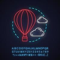 luchtvervoer neon licht concept icoon. hete luchtballon en duif. vliegen idee. gloeiend bord met alfabet, cijfers en symbolen. vector geïsoleerde illustratie