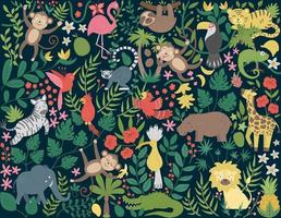 vector achtergrond met schattige exotische dieren, bladeren, bloemen, fruit. grappige tropische scène met vogels en planten. heldere vlakke afbeelding voor kinderen. jungle zomer illustraties