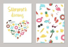 vector zomer verticale kaartsjabloon met palmboom, vliegtuig, zonnebril, opblaasbare ringen. grappige vakantie of vakantie briefkaart ontwerp met schattige strand objecten. reis liefde concept