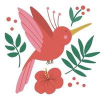 vector schattige compositie met vliegende paradijsvogel, tropische bladeren en bloemen. grappige exotische vogel illustratie. heldere platte foto voor kinderen. jungle zomer illustraties