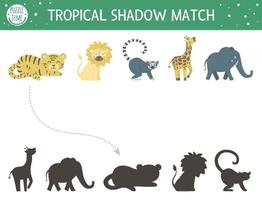 tropische schaduw matching activiteit voor kinderen. voorschoolse jungle puzzel. schattig exotisch educatief raadsel. vind het juiste afdrukbare werkblad met tropische dierensilhouetten. eenvoudig zomerspel voor kinderen vector