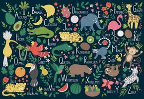 tropisch alfabet voor kinderen. schattige platte abc met jungle dieren, fruit, vogels, planten. horizontale lay-out grappige poster voor het leren lezen op donkerblauwe achtergrond.