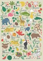 tropisch alfabet voor kinderen. schattige platte abc met jungle dieren, fruit, vogels, planten. verticale lay-out grappige poster voor het leren lezen op beige achtergrond. vector