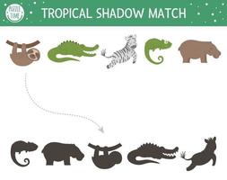 tropische schaduw matching activiteit voor kinderen. voorschoolse jungle puzzel. schattig exotisch educatief raadsel. vind het juiste afdrukbare werkblad met tropische dierensilhouetten. eenvoudig zomerspel voor kinderen vector