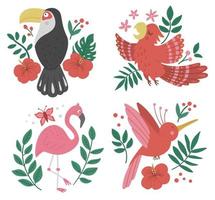 vector set met schattige composities met exotische vogels, bladeren, bloemen. grappige tropische dieren en planten illustratie voor kaartontwerp, poster of print. jungle zomer illustraties voor kinderen