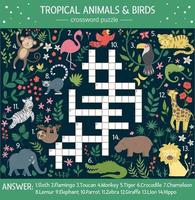 vector zomer kruiswoordraadsel voor kinderen. quiz met tropische dieren en vogels voor kinderen. educatieve jungle-activiteit met schattige grappige karakters