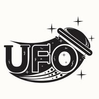 gestileerde inscriptie ufo met een vliegende schotel naar de top door de inscriptie zwart-wit afbeelding op een geïsoleerde achtergrond vector