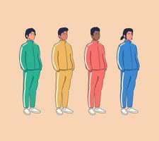 diverse multiraciale groep mannen die sportjassen dragen. set van groene, gele, rode en blauwe trainingspakken. platte cartoon vectorillustratie. vector