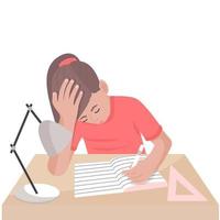 Kaukasisch moe meisje dat thuis studeert. denkend kind dat aan het bureau zit en schrijft. terug naar school. vector
