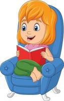 cartoon klein meisje dat een boek leest dat op de bank zit