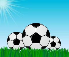 drie voetballen op het groene gras. blauwe lucht en zon. voetbalcompetities concept. sport vectorillustratie. gezond leven en activiteiten. vector