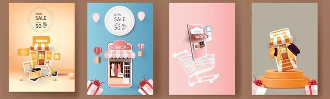 online winkelen op smartphone en nieuwe koop promotie roze achtergrondgeluid voor banner markt e-commerce vrouwen concept. vector