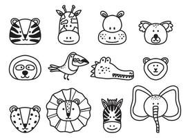doodle set van schattige jungle dieren. jungle dieren. krokodil, giraf, nijlpaard, zebra, toekan, olifant, leeuw, luipaard, tijger, aap. koala, lui. baby dieren. vectorillustratie. vector