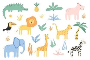 kinderachtige hand getekende set jungle dieren. set met leeuw, zebra, giraf, olifant, toekan, krokodil. set met savanne dieren. vectorillustratie. vector