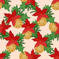 Kerst vakantie naadloze patroon met cookie, poinsettia bloem en groene bladeren, cartoon vectorillustratie. Kerstmis en Nieuwjaar achtergrond of eindeloze textuur voor wrap prints en kaarten. vector